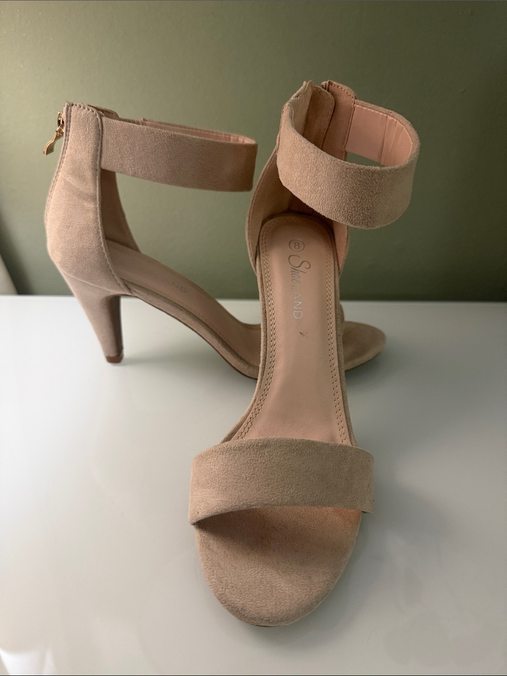 Suede Ankle-Strap Heels in Blush Pink -